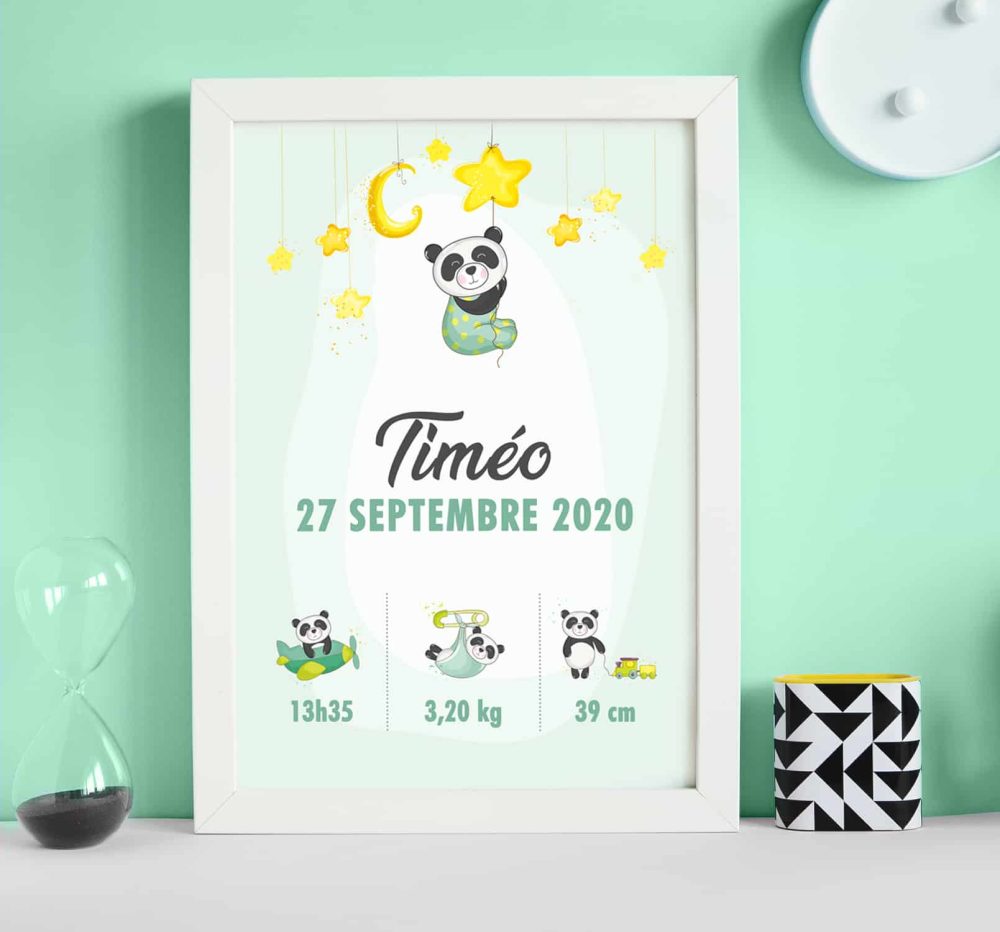 Affiche naissance : Panda etoiles