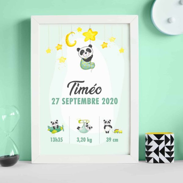 Affiche naissance : Panda etoiles