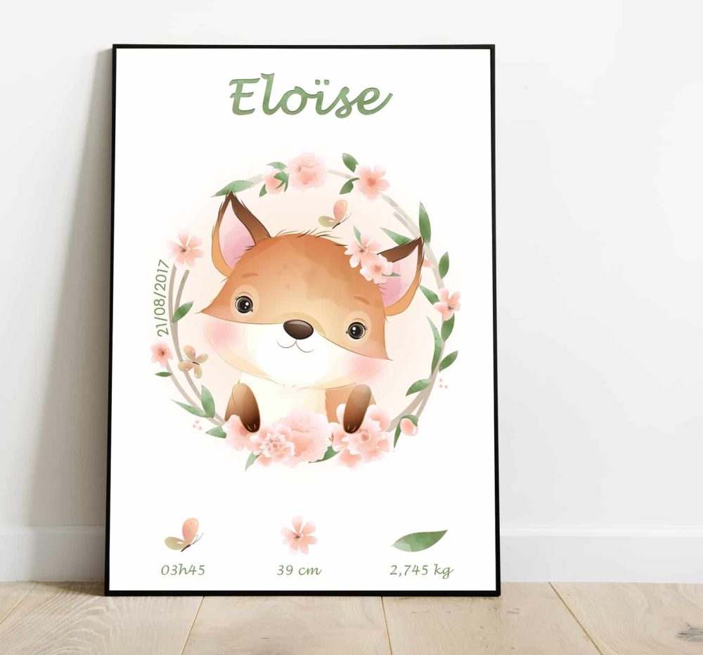Affiche naissance Renard fleurs