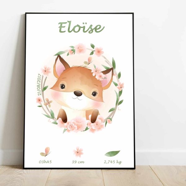 Affiche naissance Renard fleurs