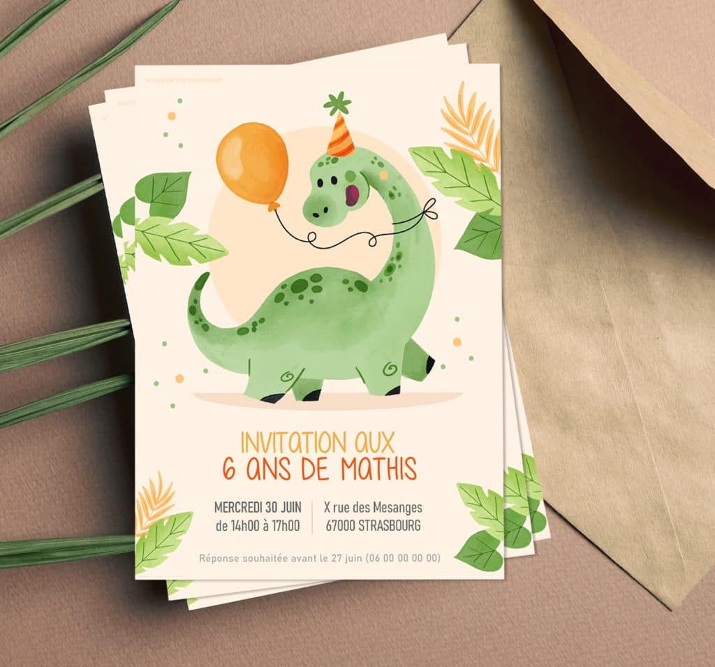 Cartons d'invitation anniversaire enfant – Thème dinosaure avec son cadeau  – Mimosa Chroma