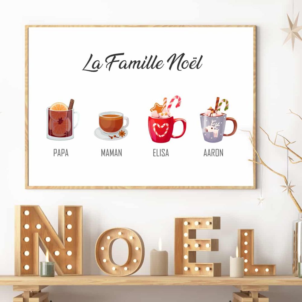 Affiche famille boissons chaudes. Affiche de Noël