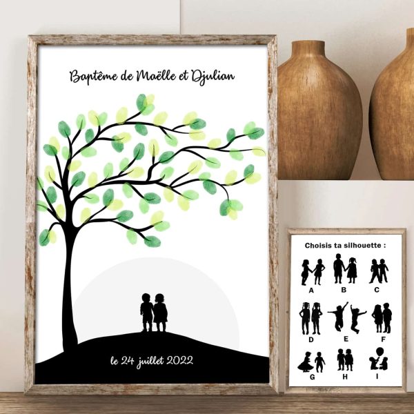 silhouettes arbre à empreintes silhouette jumeaux anniversaire baptême communion