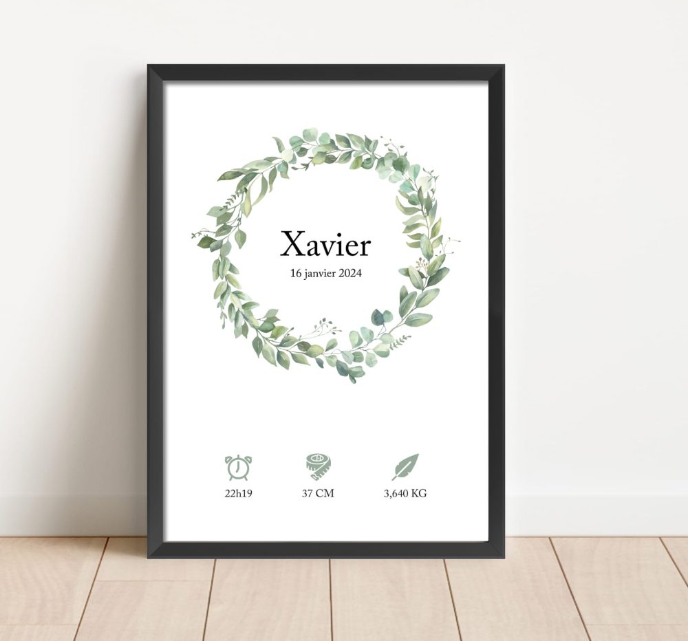 Affiche naissance couronne de feuilles