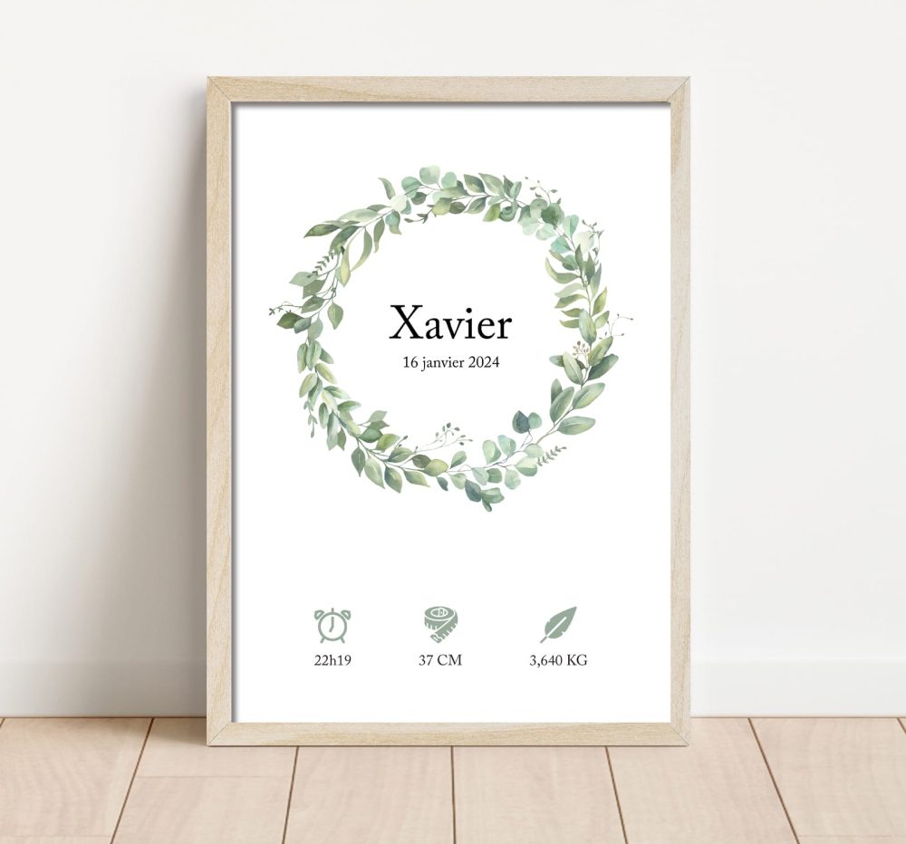 Affiche naissance couronne de feuilles