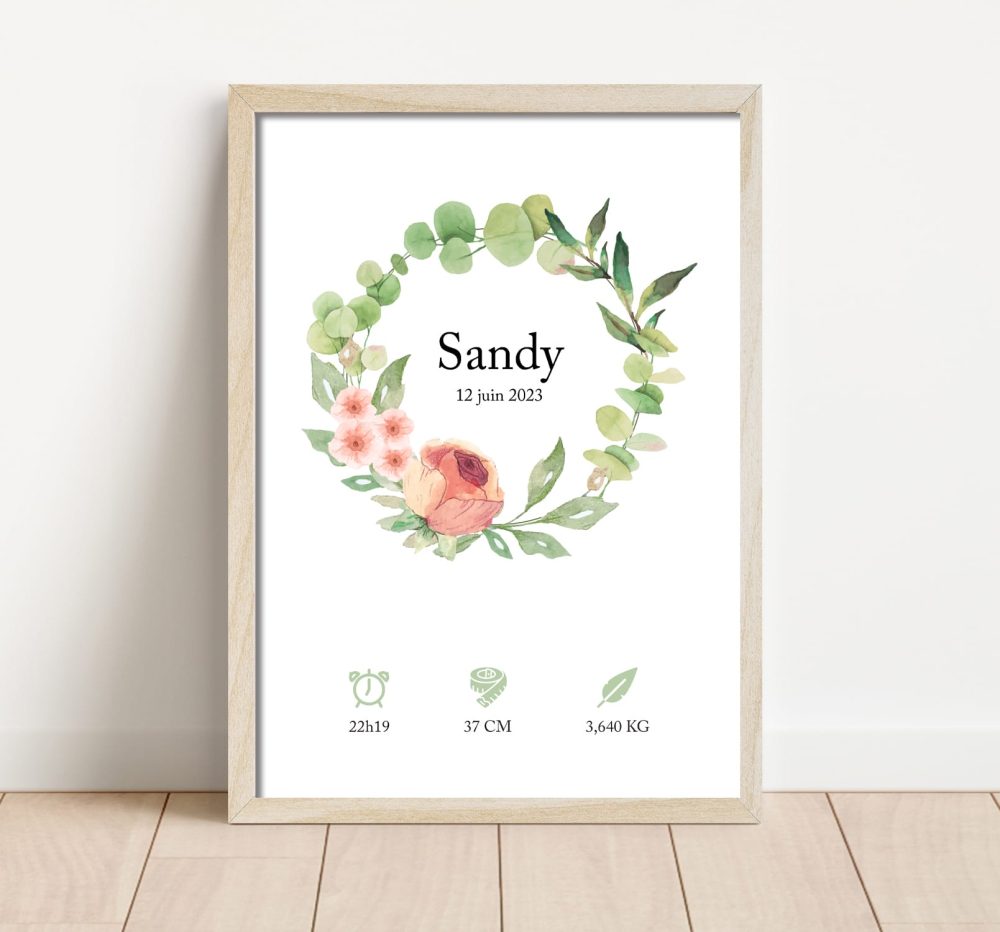 Affiche naissance couronne de roses