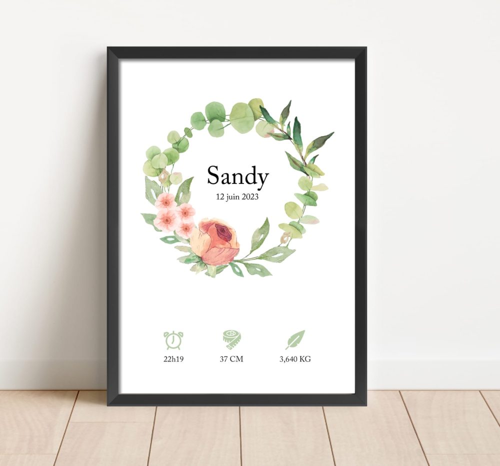 Affiche naissance couronne de roses