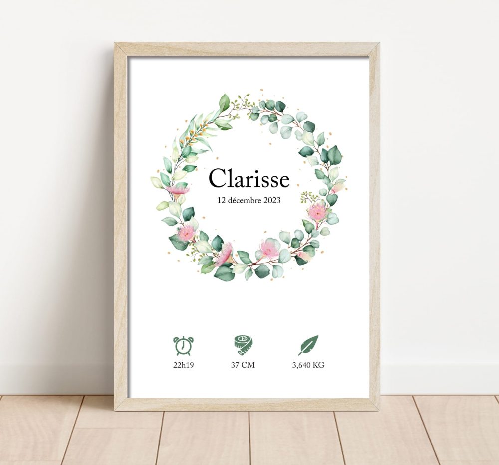 Affiche naissance couronne d'eucalyptus