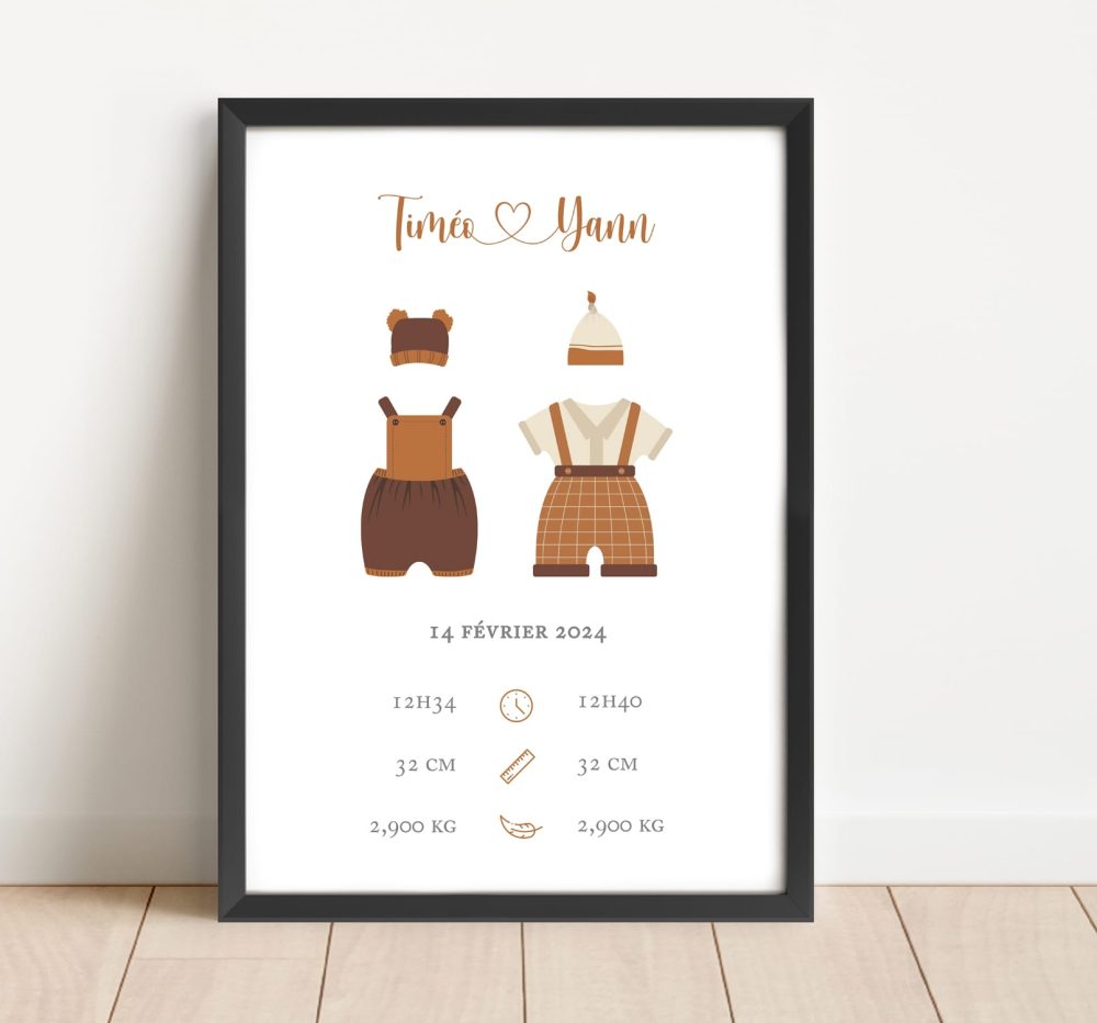 Affiche naissance jumeaux bohème