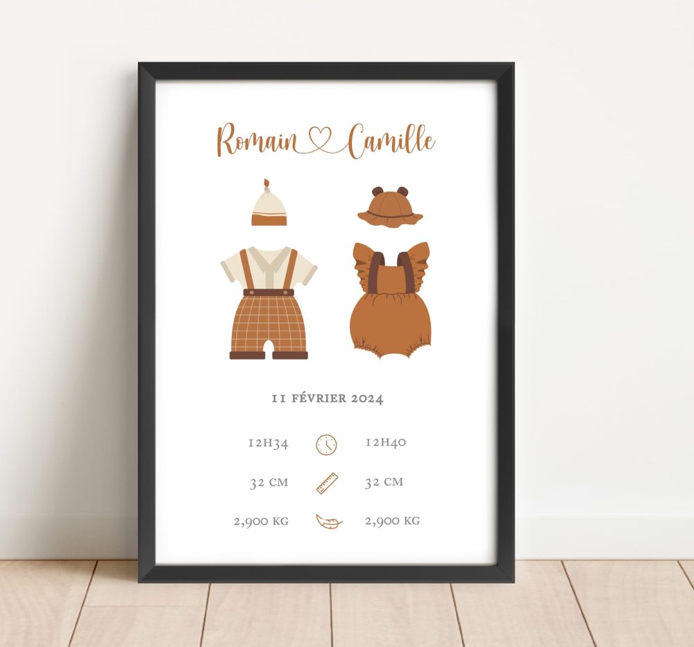 Affiche naissance jumeaux bohème