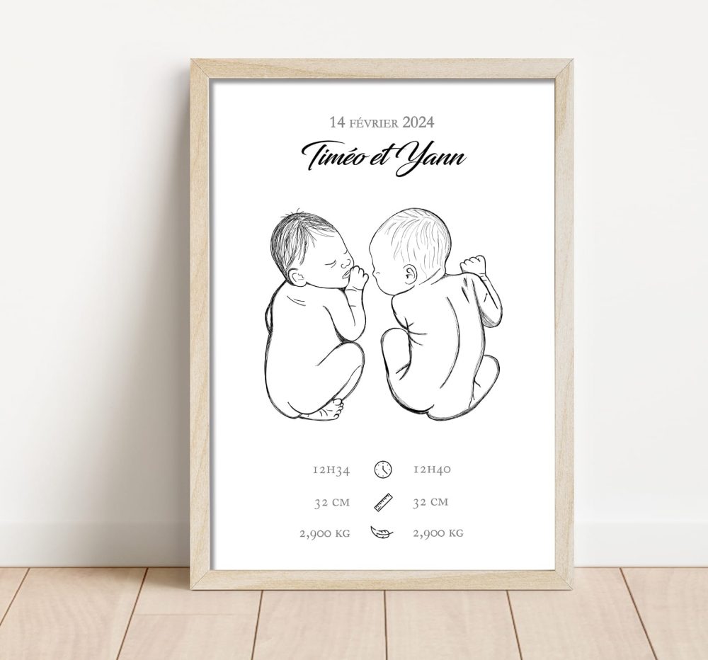 affiche naissance jumeaux dessin à la main