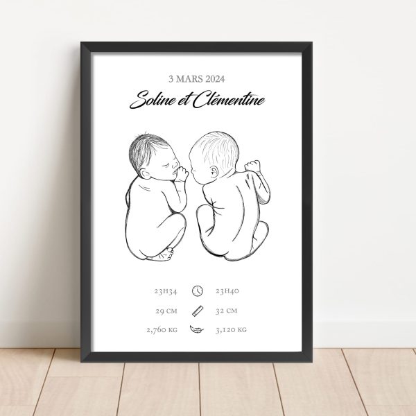 affiche naissance jumeaux dessin à la main
