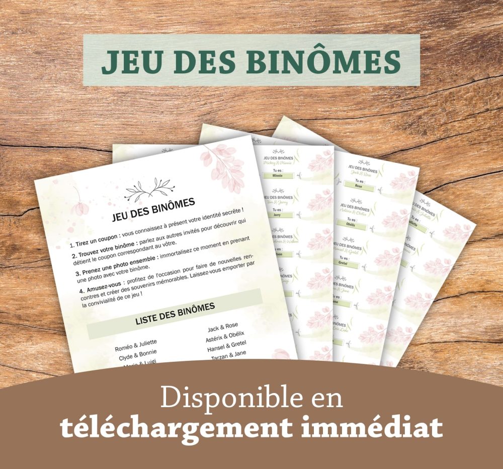 Jeu des binômes mariage à imprimer