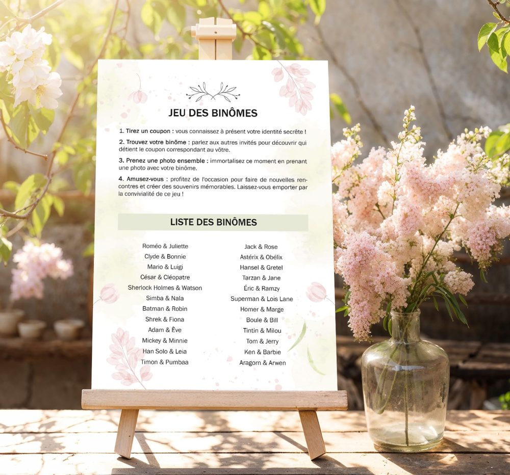 Jeu des binômes mariage à imprimer