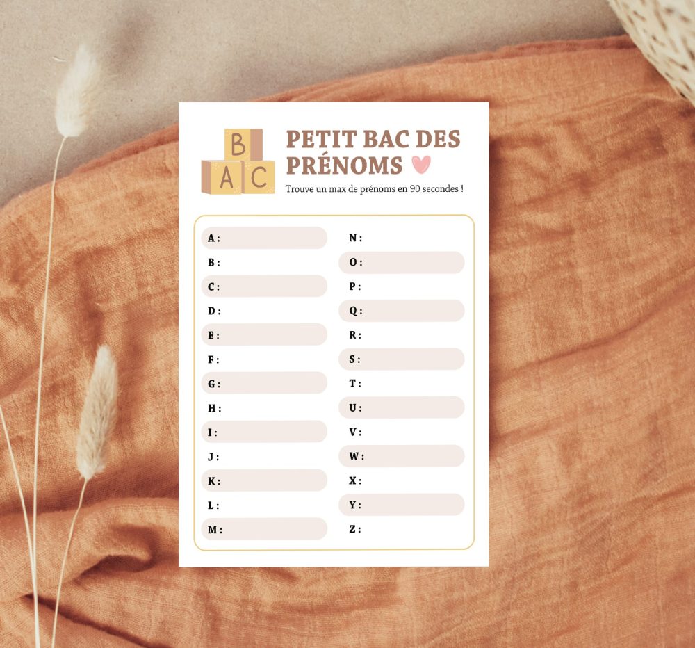 Petit bac des prénoms bébé baby shower gender reveal