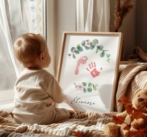 Affiche empreintes prénom bébé couronne de fleurs