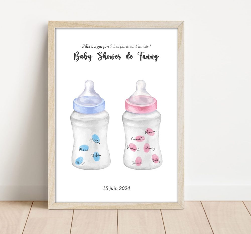 Arbre à empreintes baby shower biberons gender reveal