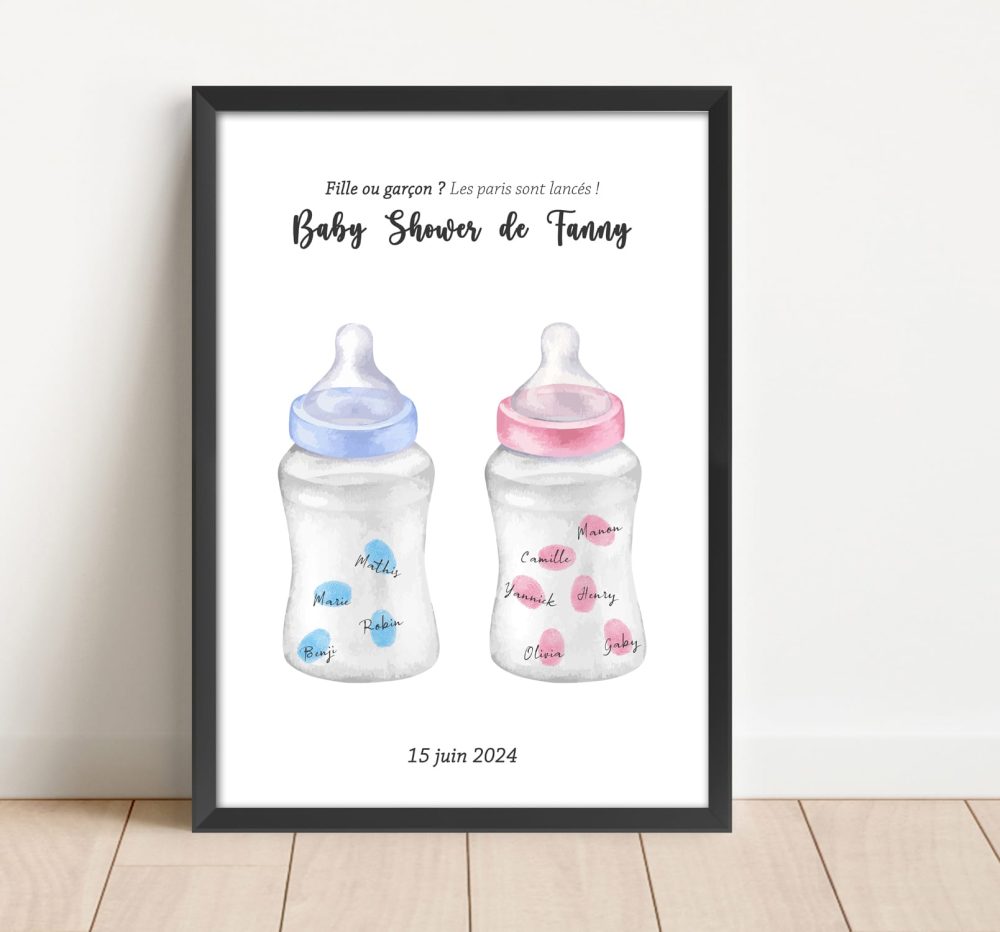 Arbre à empreintes baby shower biberons gender reveal