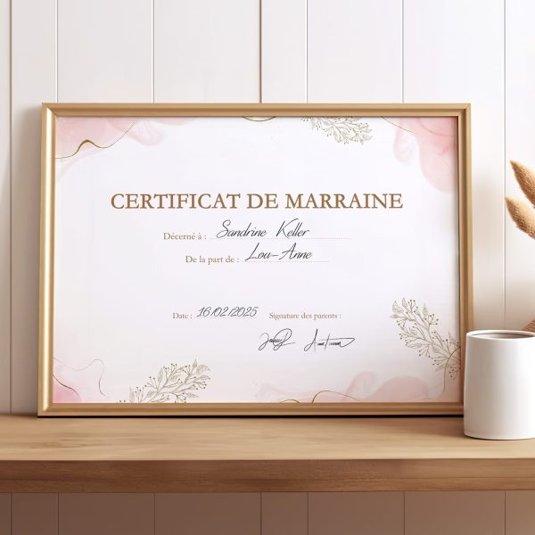 Certificat de Marraine Diplôme de marraine idées cadeaux parrain et marraine