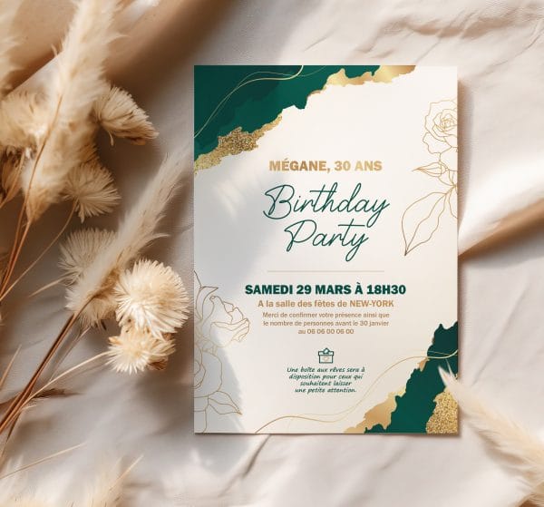 Invitation anniversaire personnalisée Vert et dorée à imprimer