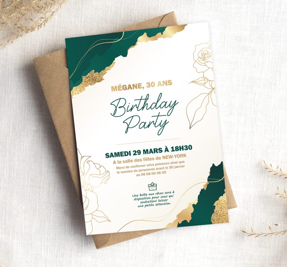 Invitation anniversaire personnalisée Vert et dorée à imprimer