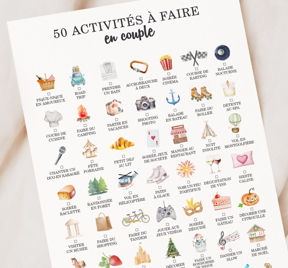 50 choses à faire en couple affiche à cocher
