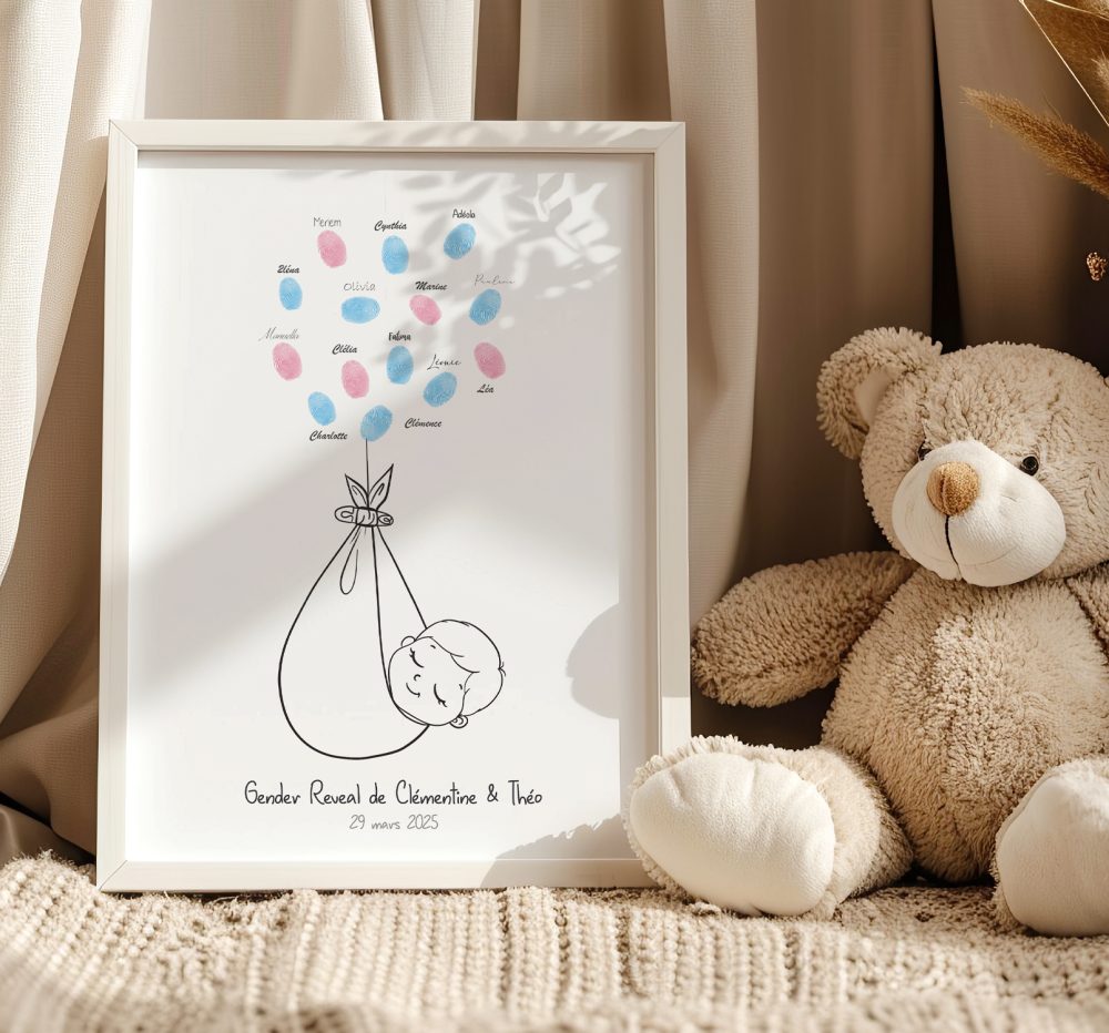 Arbre à empreintes baby shower gender reveal bébé volant