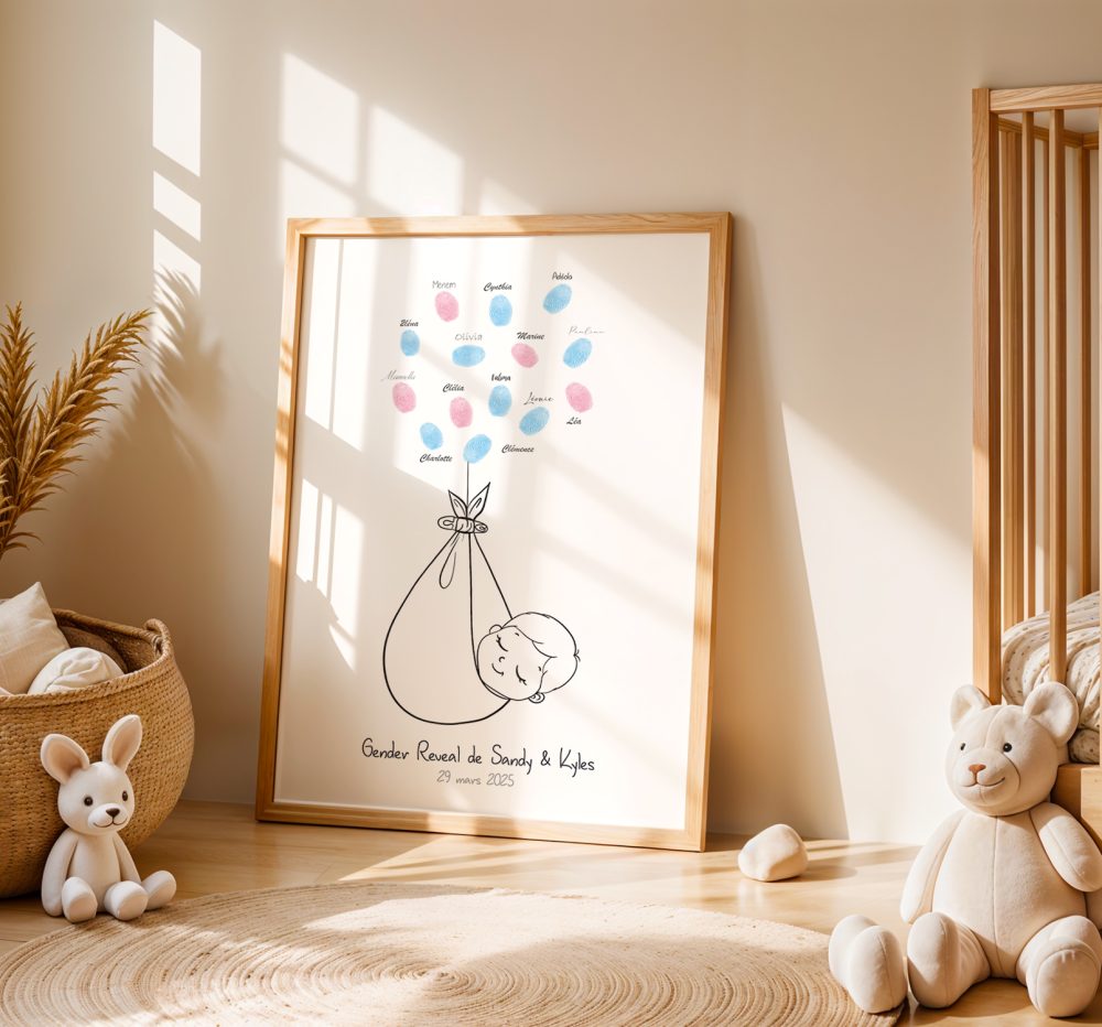 Arbre à empreintes baby shower gender reveal bébé volant