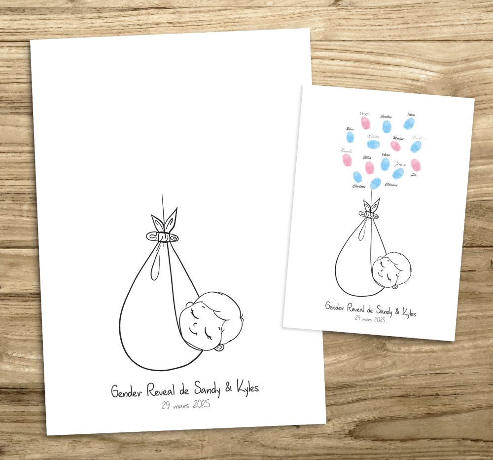 Arbre à empreintes baby shower gender reveal bébé volant