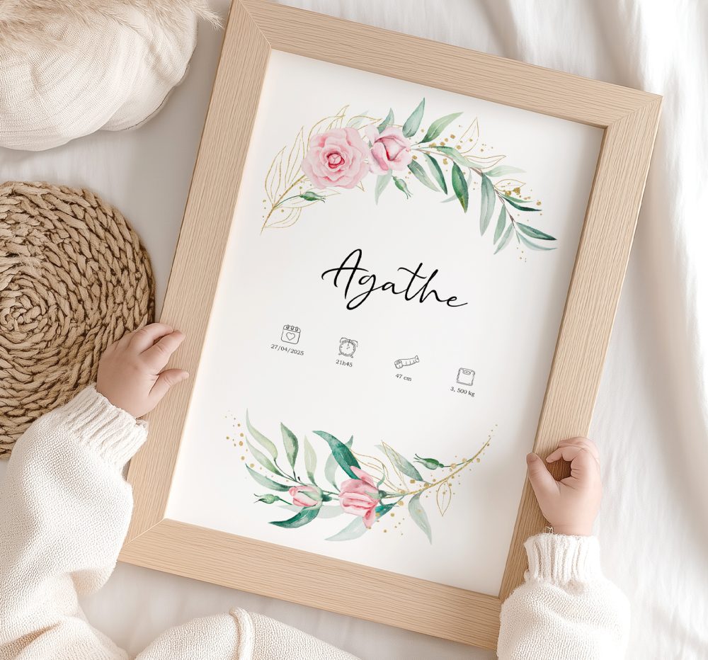 Affiche naissance couronne de roses en aquarelle