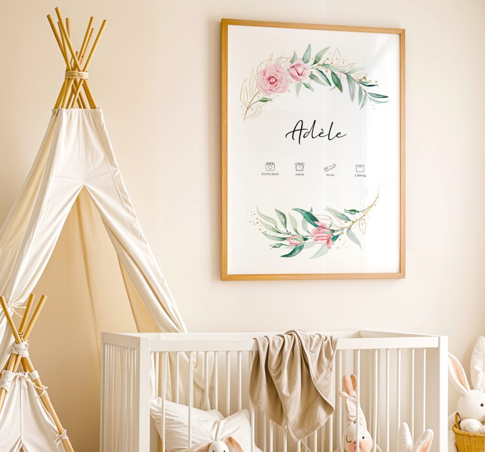 Affiche naissance couronne de roses en aquarelle