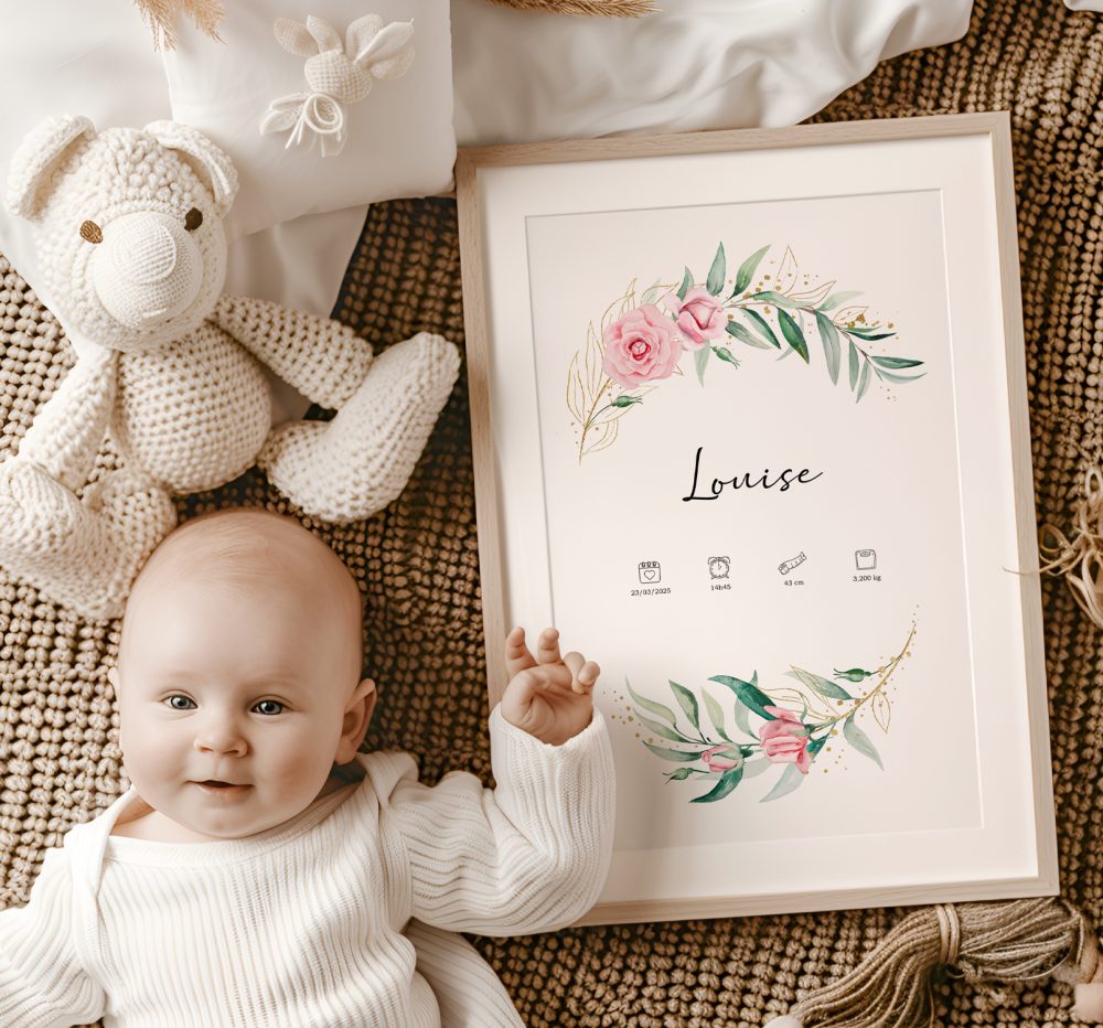 Affiche naissance couronne de roses en aquarelle