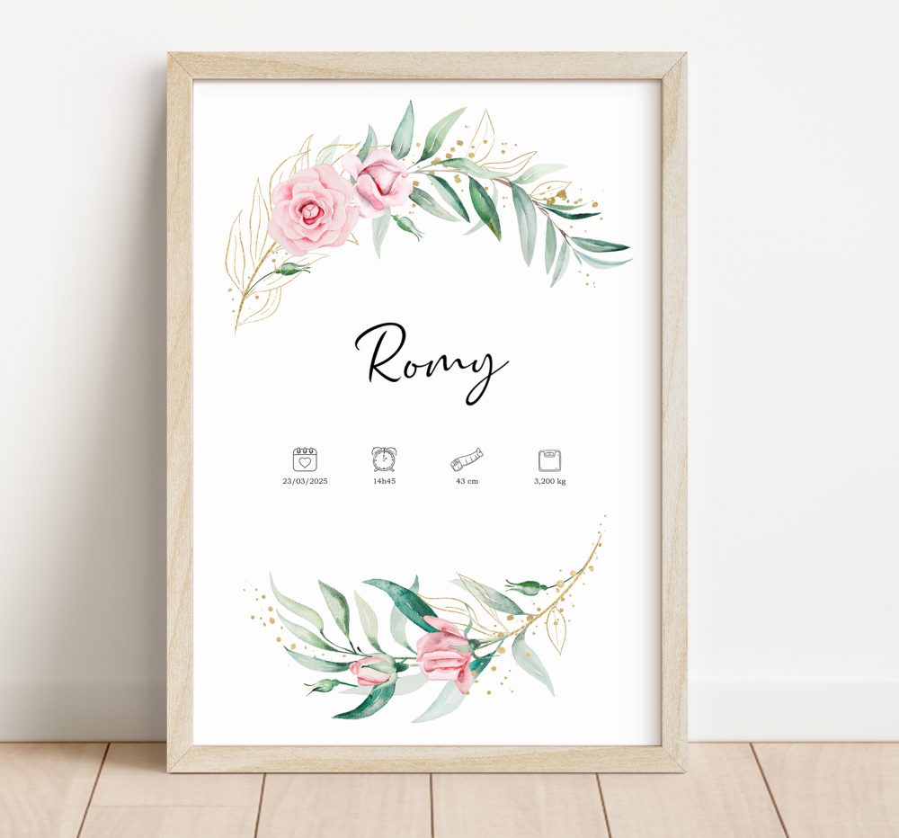 Affiche naissance couronne de roses en aquarelle