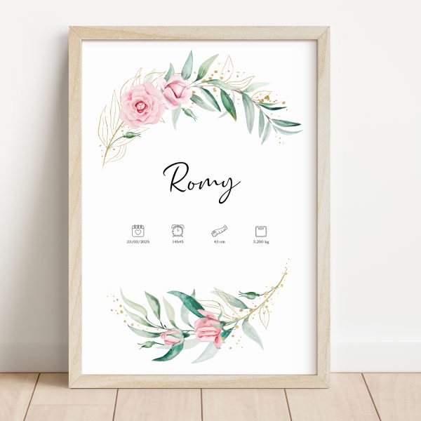 Affiche naissance couronne de roses en aquarelle