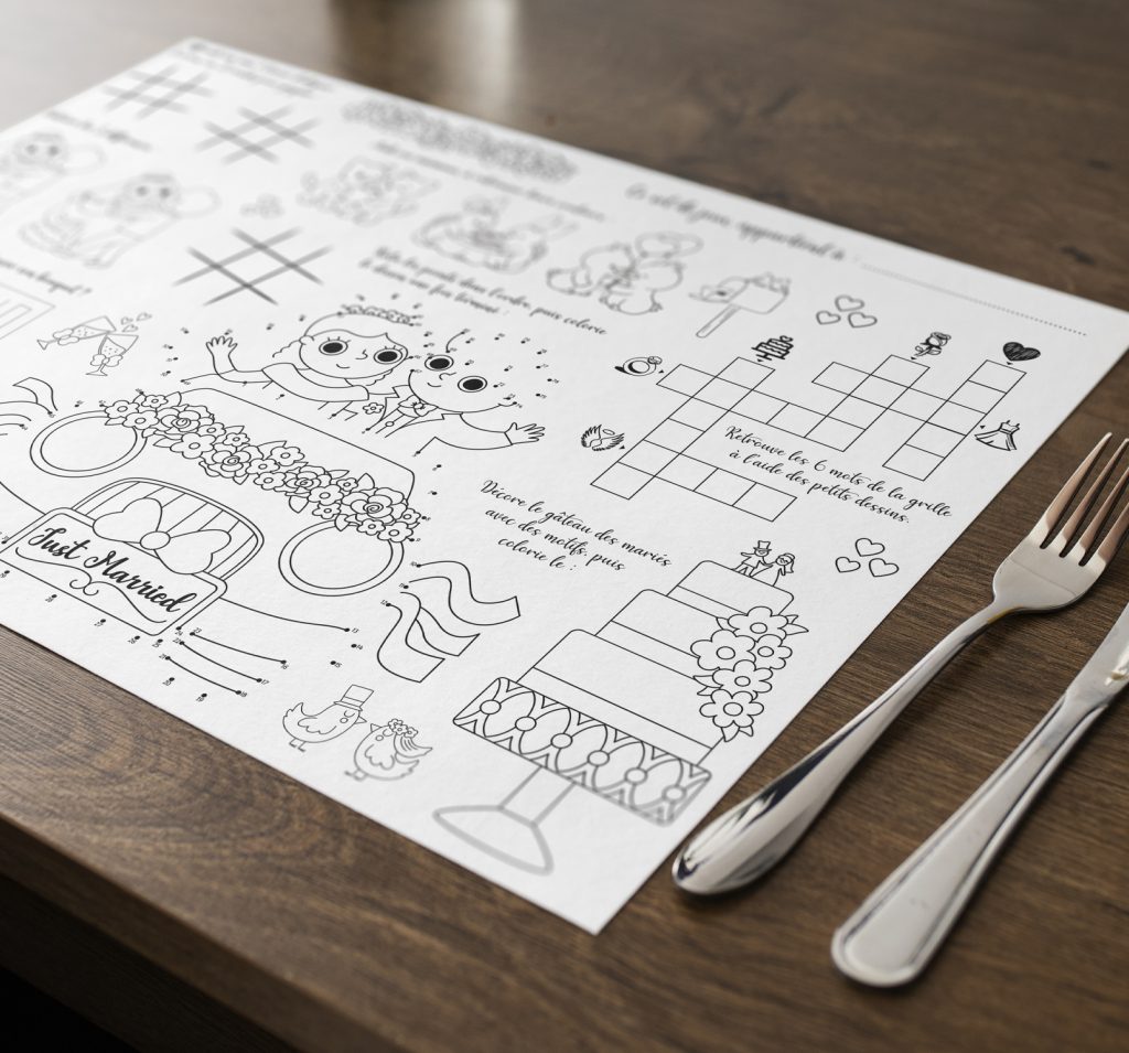 Set de table d'activités enfant pour mariage