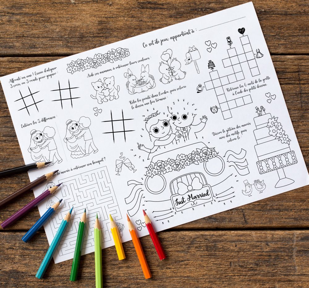 Set de table d'activités enfant pour mariage